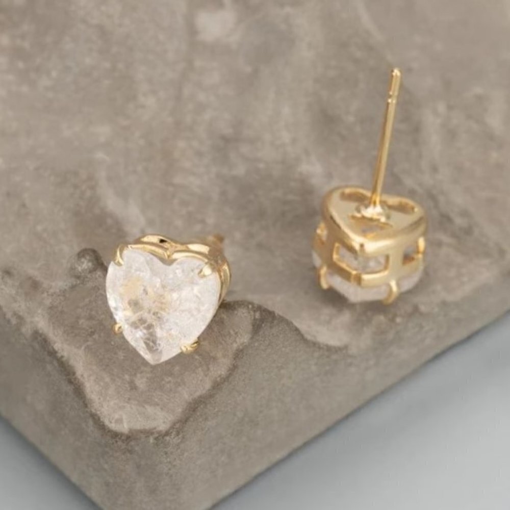 Gold Plated Cubic Zircon Clear Heart Stud Earrings
